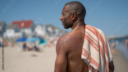 Coastal Contemplation: A man stands at the edge of the shore on a sunny day, a beach towel draped across his shoulders, gazing out towards the sea, capturing a moment of introspection and relaxation.