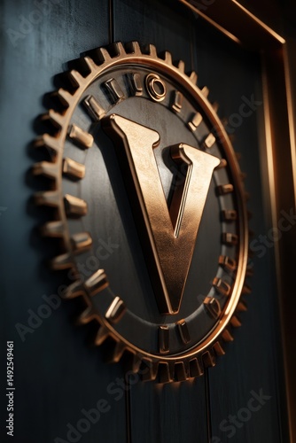 Obraz na płótnie Copper colored letter v on a dark surface with a gear background w salonie