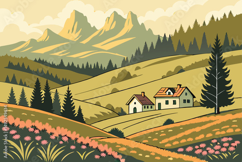 173 detailed pastoral landscape, rolling hills, lush green forests, mountain range in the background, small white cottages, vibrant wildflowers in the foreground, warm color palette, whimsical and dre