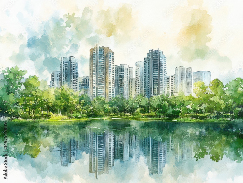 Fototapeta premium Serene Watercolor Cityscape Reflected in Calm Water