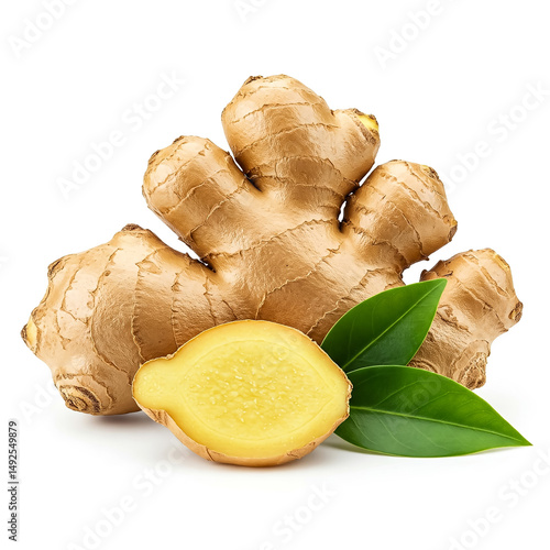 Fresh ginger root with green leaves displayed on a white background for culinary and health use
