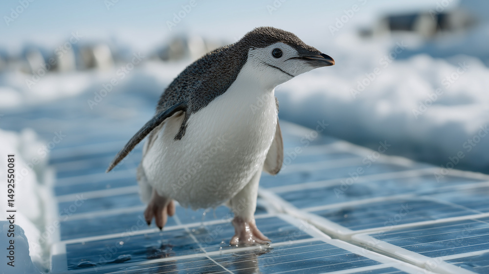 Naklejka premium Antarctic Wanderer: A charming penguin confidently struts across a textured, icy surface in the Antarctic, a testament to its resilient spirit.