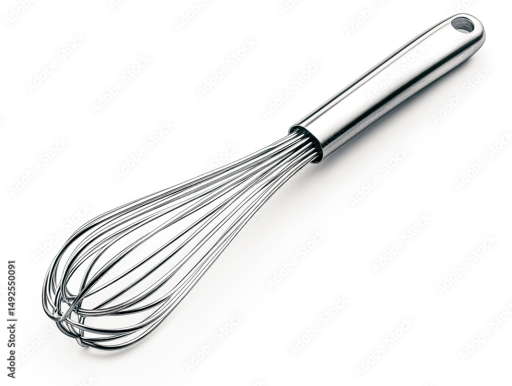 Whisk is shown in a close up. The whisk is silver and has a handle. The whisk is not in use Whisk is shown in a close up. The whisk is silver and has a handle. The whisk is not in use
