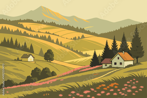 173 detailed pastoral landscape, rolling hills, lush green forests, mountain range in the background, small white cottages, vibrant wildflowers in the foreground, warm color palette, whimsical and dre