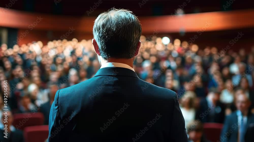 businessman delivering speech to large audience in auditorium, rear view of speaker facing crowd businessman delivering speech to large audience in auditorium, rear view of speaker facing crowd