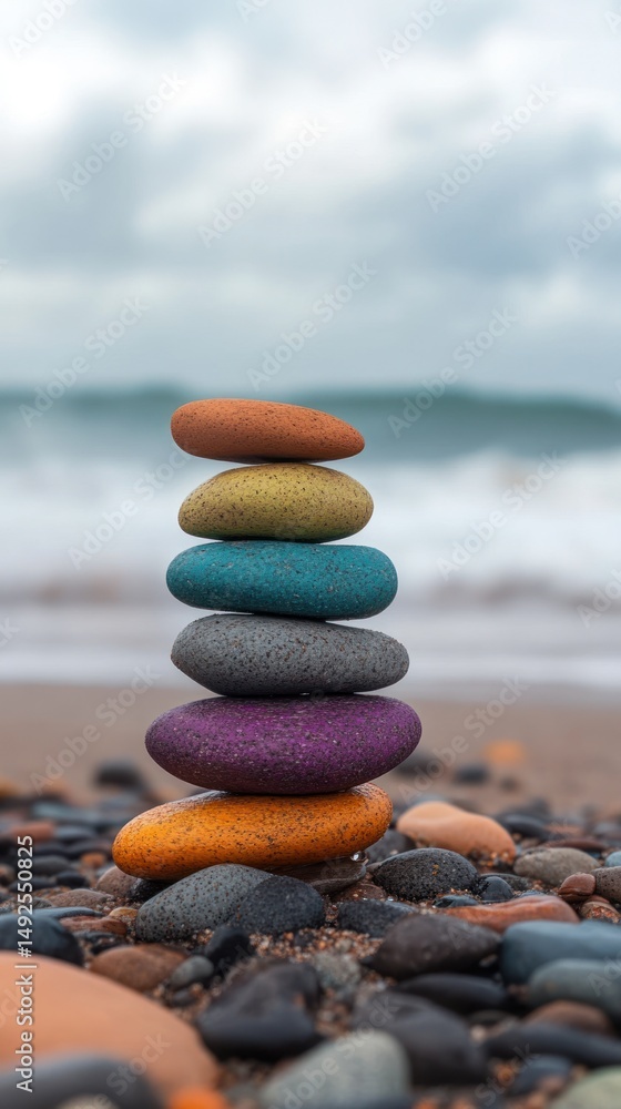 Colorful stacked rocks on a beach