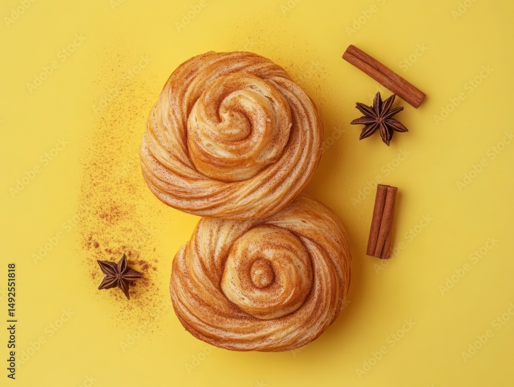 Cinnamon rolls in the shape of 8 on a yellow background
