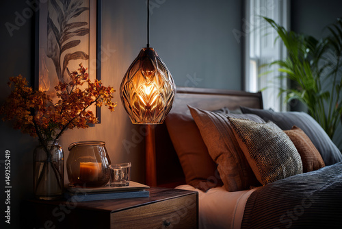 Cozy bedroom scene with pendant light and wooden nightstand