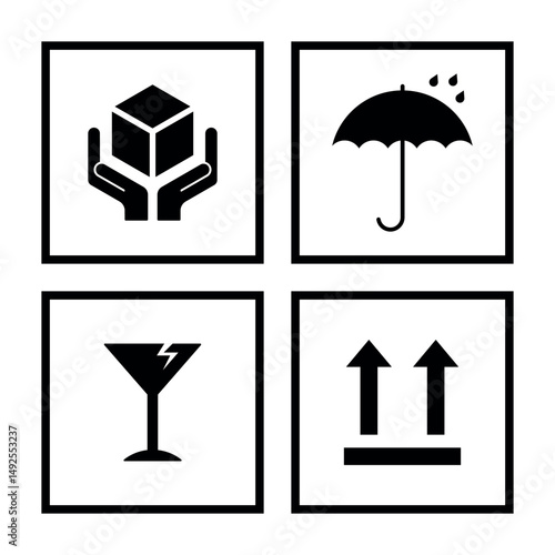 Minimalist Fragile Symbol set or set of packaging icon vector concept of keep dry, fragile, handle with care, upward
