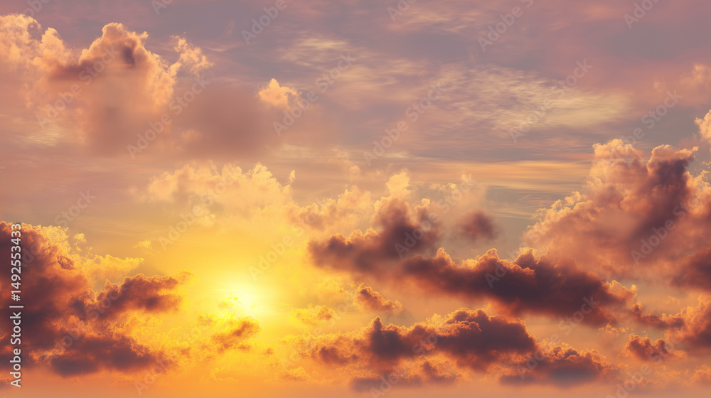 Fototapeta premium Radiant sunrise breaking through soft golden clouds over a tranquil sky