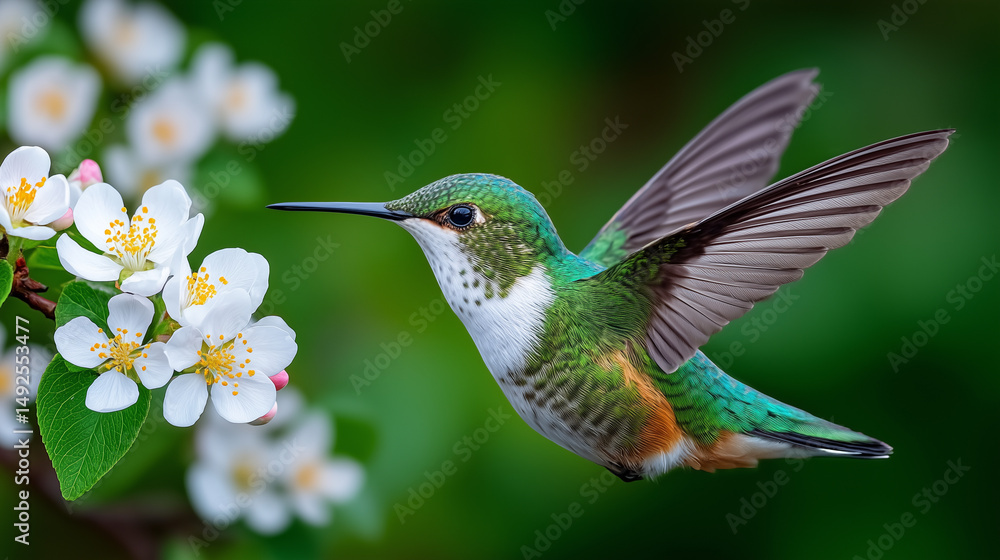 Hummingbird in mid-flight approaching white blossoms in lush spring garden Hummingbird in mid-flight approaching white blossoms in lush spring garden