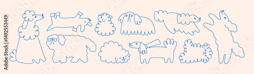 Cute doodle-style dogs set. Hand-drawn puppy sketches, creative fluffy outlines, funny whimsical line-art. Furry canine animals, freehand contoured scribbles. Isolated flat vector illustrations