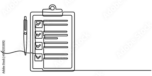 Clipboard with checklist and pen in one continuous line drawing. To do list with ticks and concept for test expertise and exam in simple linear style. Editable stroke. Doodle vector illustration. 