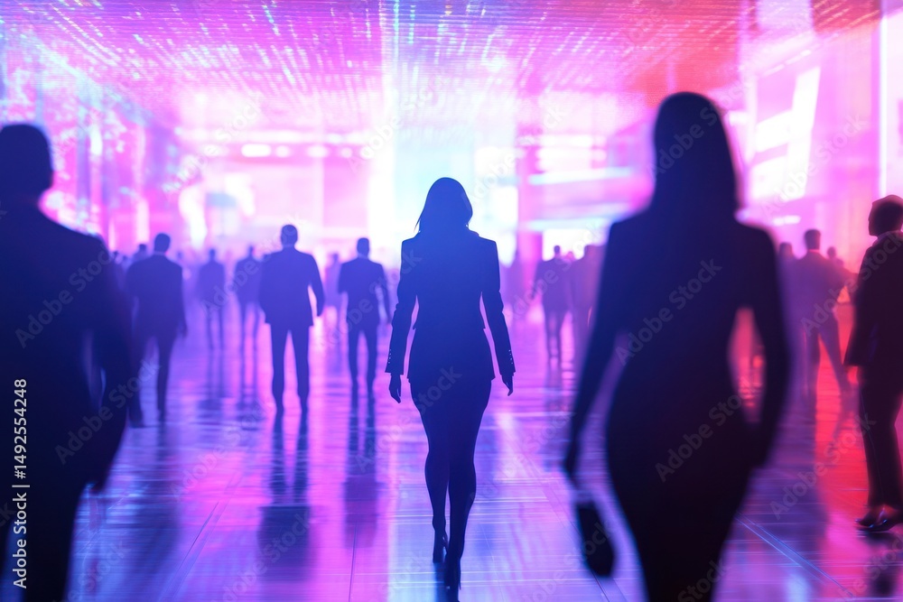 Many people walking in a city hall at night