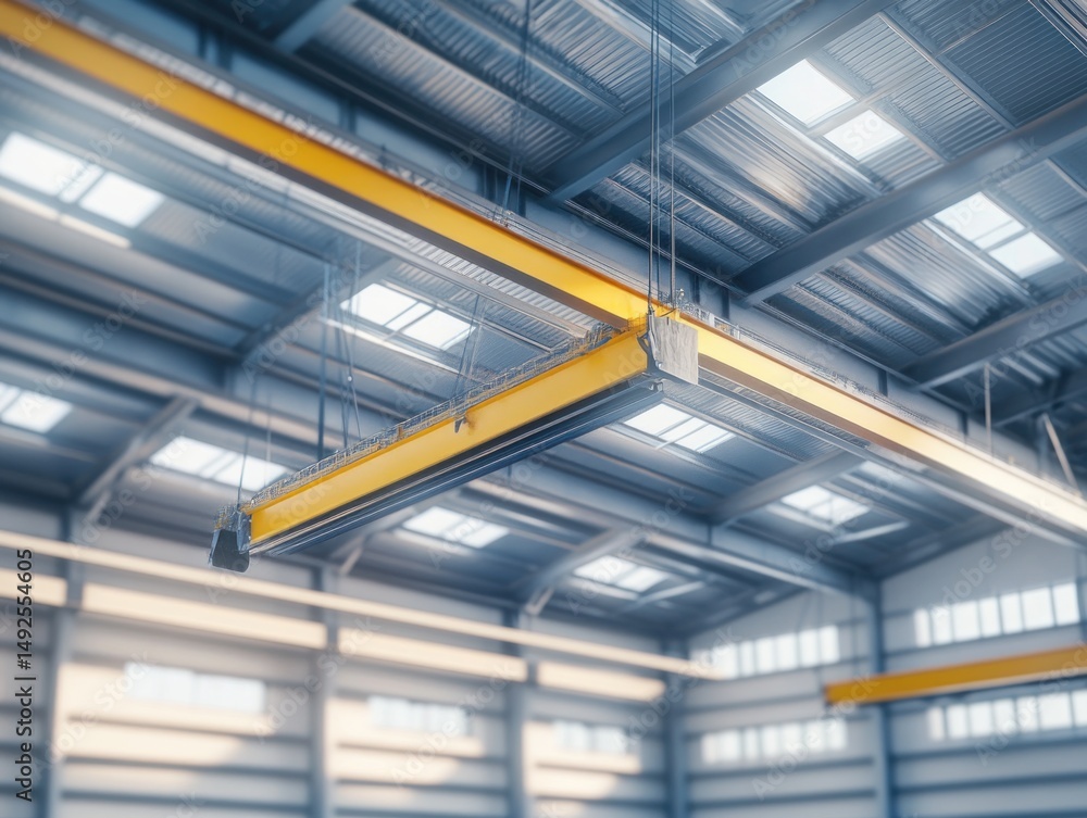 Industrial building interior with yellow cranes