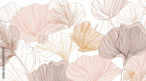 Fototapeta Naklejka Na Ścianę i Meble -  Delicate botanical line art pattern with abstract floral leaves in soft earth tones on white background