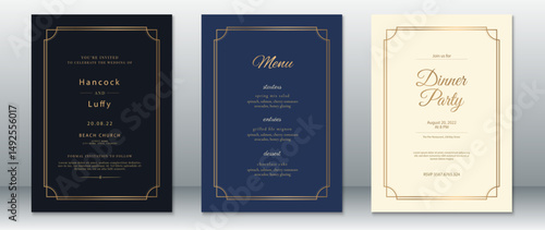 Luxury wedding invitation set with a navy, black, and ivory color palette, enhanced by a minimalist double gold line frame. Includes wedding invitation, dinner party card, and menu template.  