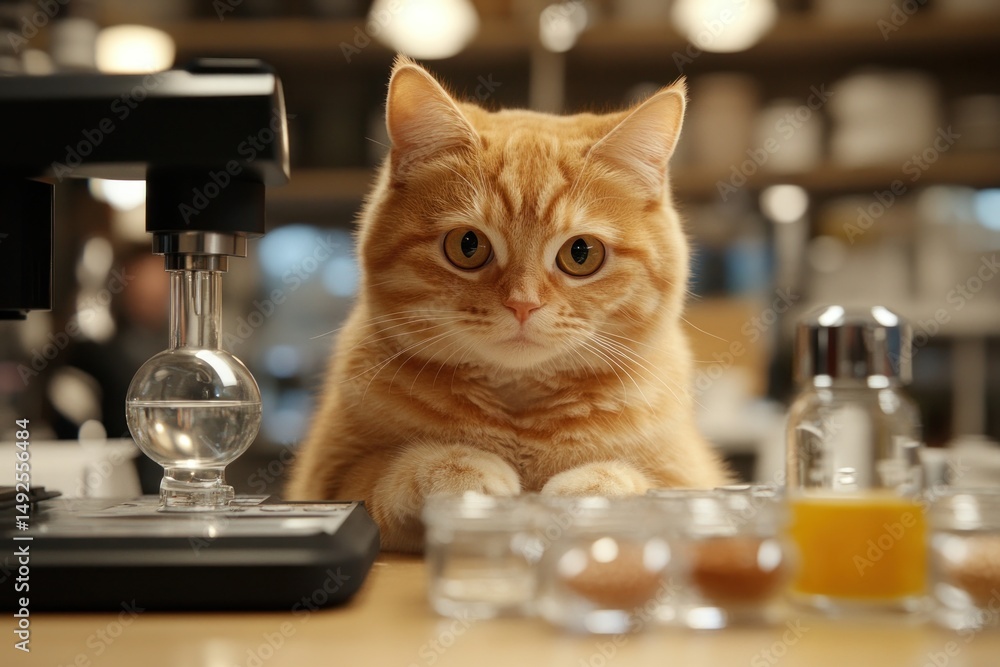Ginger cat looking at coffee maker