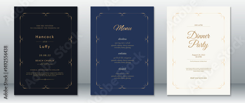 Set of elegant wedding invitation card designs with deep background colors featuring ornate gold scroll borders and classic serif typography. 