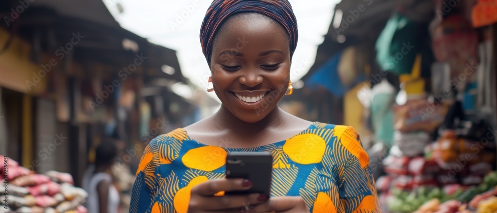 African woman using mobile phone in a market