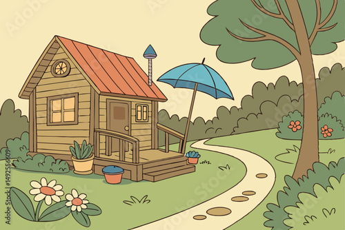 175 cozy garden, wooden cabin, blue umbrella, wooden deck, flowerpots, potted plants, daisies, winding path, lush vegetation, warm lighting, tranquil atmosphere, vibrant colors, detailed landscaping, 