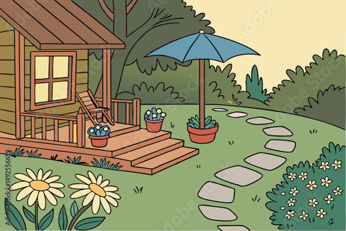 175 cozy garden, wooden cabin, blue umbrella, wooden deck, flowerpots, potted plants, daisies, winding path, lush vegetation, warm lighting, tranquil atmosphere, vibrant colors, detailed landscaping, 