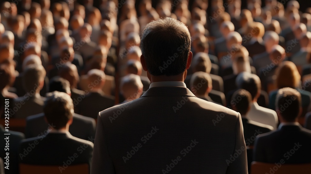 Large audience listening to speaker in auditorium
