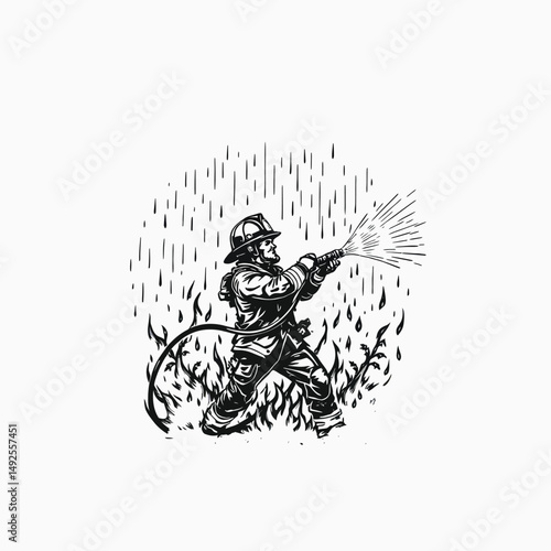 Firefighter in Protective Gear Extinguishing Flames with Hose, Courageous Emergency Response, Brave Rescue Scene, Minimalist Vector Art