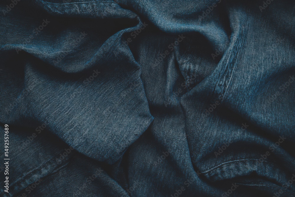 Close up of Dark Blue Denim Fabric Texture in Studio Lighting with Folds and Wrinkles for Fashion Design and Apparel Industry Close up of Dark Blue Denim Fabric Texture in Studio Lighting with Folds and Wrinkles for Fashion Design and Apparel Industry