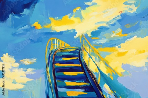 An Artistic Interpretation of a Skyward Staircase Leading Up Toward Bright Clouds and Vibrant Colors, Evoking Feelings of Hope, Aspiration, and Freedom in a Mixed Media Style