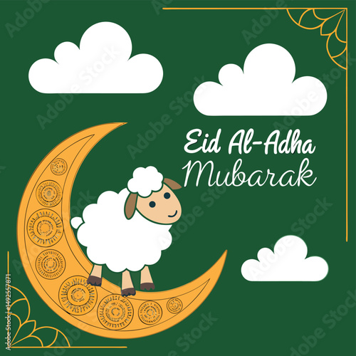 Smiling sheep stands upon a decorated crescent moon for Eid AlAdha celebration