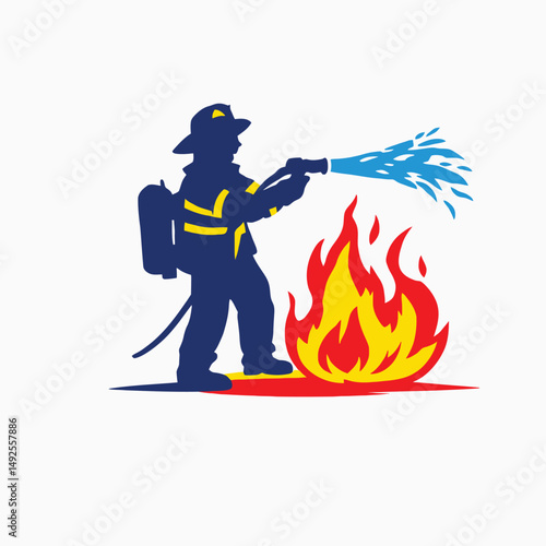 Firefighter in Protective Gear Using High-Pressure Hose to Extinguish Flames, Emergency Response Scene, Safety and Rescue, Minimalist Vector
