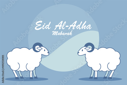 Two outlined white sheep face each other with Eid alAdha greeting above them