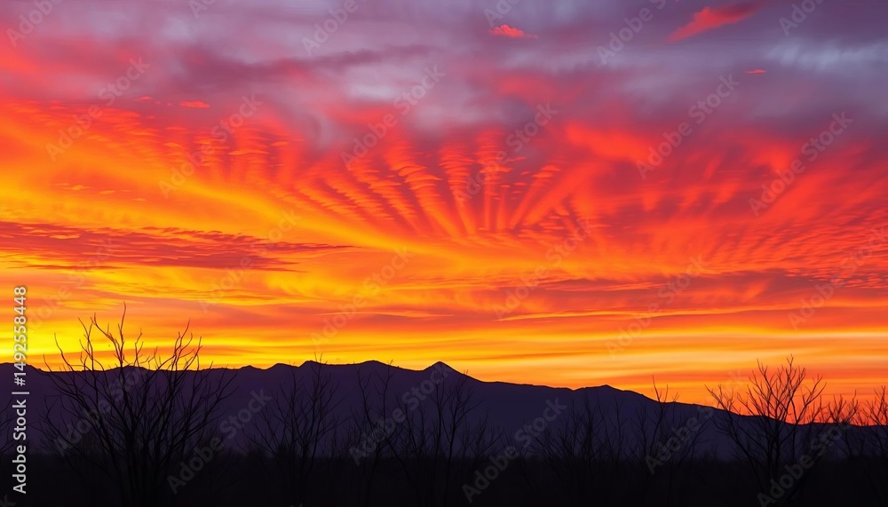 Fototapeta premium Majestic sunset paints vibrant hues across a dramatic mountain range silhouetted against a fiery sky, barren trees in the foreground, serene, stunning