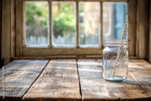 An empty glass jar with a colorful straw sits on a rustic wooden table, illuminated by soft sunlight seeping through a window, evoking a serene and cozy atmosphere.