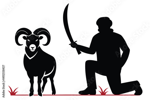 A male figure kneels with a sword before a ram in stark black silhouette