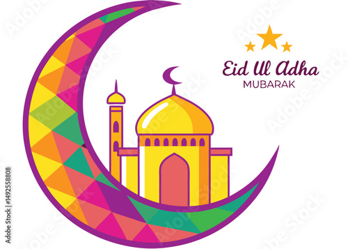 Cartoon moon framing golden mosque accompanied by Eid Ul Adha text creates a transparent background