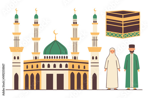 Cartoon mosque with green dome is depicted alongside Kaaba with muslim man and woman