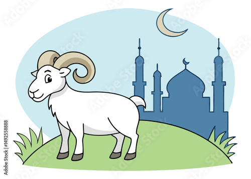 Cartoon white ram stands peacefully near a blue mosque under a crescent moon