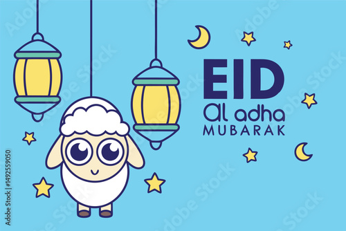 Cute cartoon sheep stands between hanging lanterns celebrating Eid al Adha Mubarak event