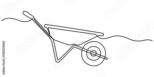 Wheelbarrow continuous one line drawing style, Black linear sketch isolated on white background. Vector illustration, Wheel Barrow Single Line Drawing with Editable Stroke.                       