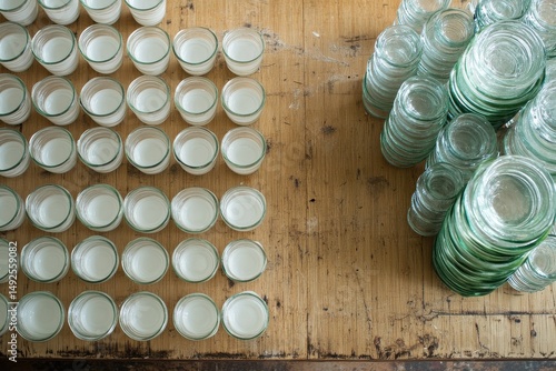 Arrangement of Empty Glass Jars and Circular Containers on Wooden Surface, Showcasing Textures and Patterns in Natural Light