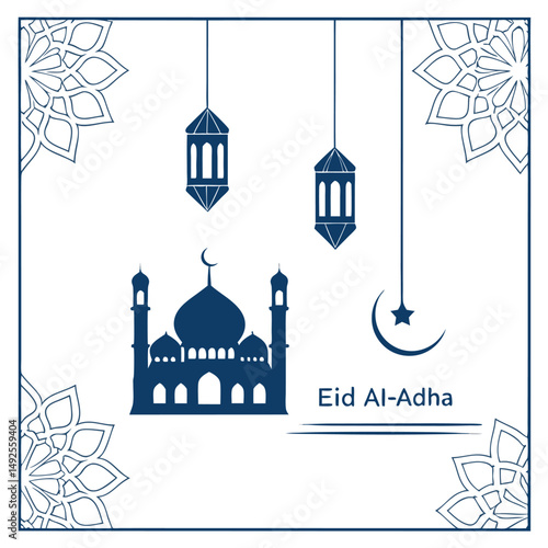 Eid alAdha celebration is depicted with a mosque, hanging lamps, moon, star, and floral art