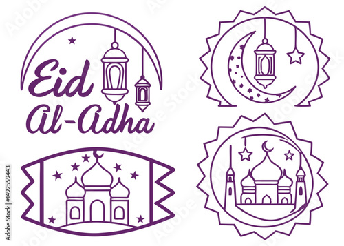 Eid alAdha features illustrated mosque outlines, stars, lanterns, and a crescent moon using purple ink