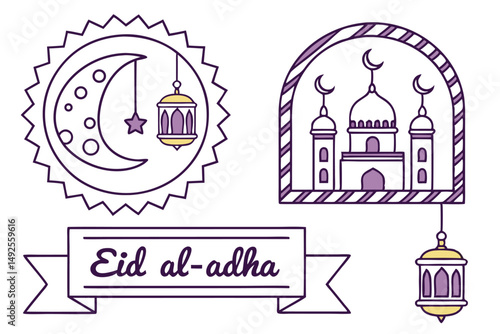 Eid alAdha is symbolized through a crescent moon, stars, mosque, and ornate lamps in this artwork