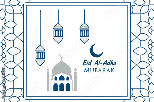 Eid AlAdha Mubarak features hanging lanterns, a crescent moon, and an intricate mosque illustration