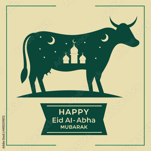 Emerald green silhouette cow showcases mosque, crescent moons, and stars for Eid alAdha Mubarak celebration