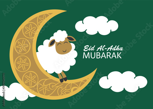 Festive Eid AlAdha shows cute sheep resting on decorated golden moon against a green background