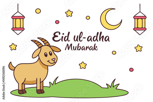 Festive Eid ulAdha Mubarak displays a cartoon goat beneath a crescent moon