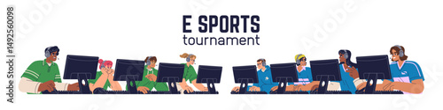 Cyber e-sport tournament. Cybersport, video game players, gamer teams in headsets at computers, playing at professional digital esport championship, multiplayer contest. Flat vector illustration